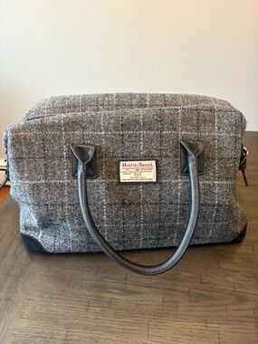 Harris Tweed Glen Appin Gray Plaid Overnight Bag with Black Leather Handles